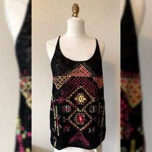 Geometric Tribal Screen Black Mesh Tank Top NWOT